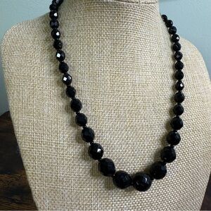 Vintage Jet Black Beaded Necklace Faceted Graduated Glass Mourning Jewelry Retro